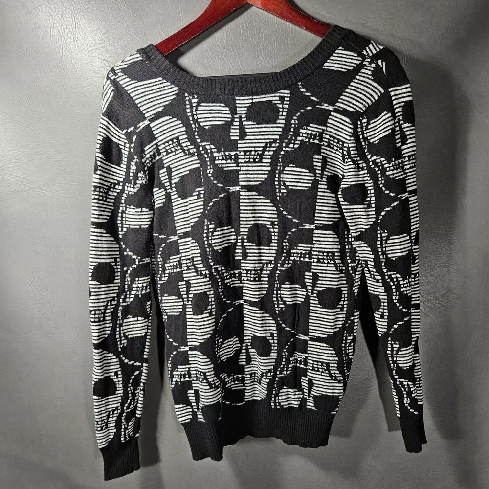Hot Topic Sweater Womens Small Black White Stretch Skulls Cardigan Rock Punk